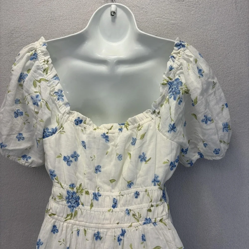 BP. Floral Milkmaid Sundress Womens Medium M White Blue Puff Sleeve Lightweight‎